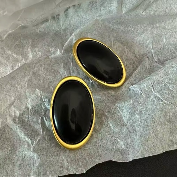 Vintage Oversized Black Brass Oval Statement Earrings - Picture 7 of 14